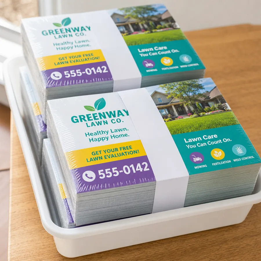 Shrink-wrapped bundles of postcards in a mail tray, ready for the post office