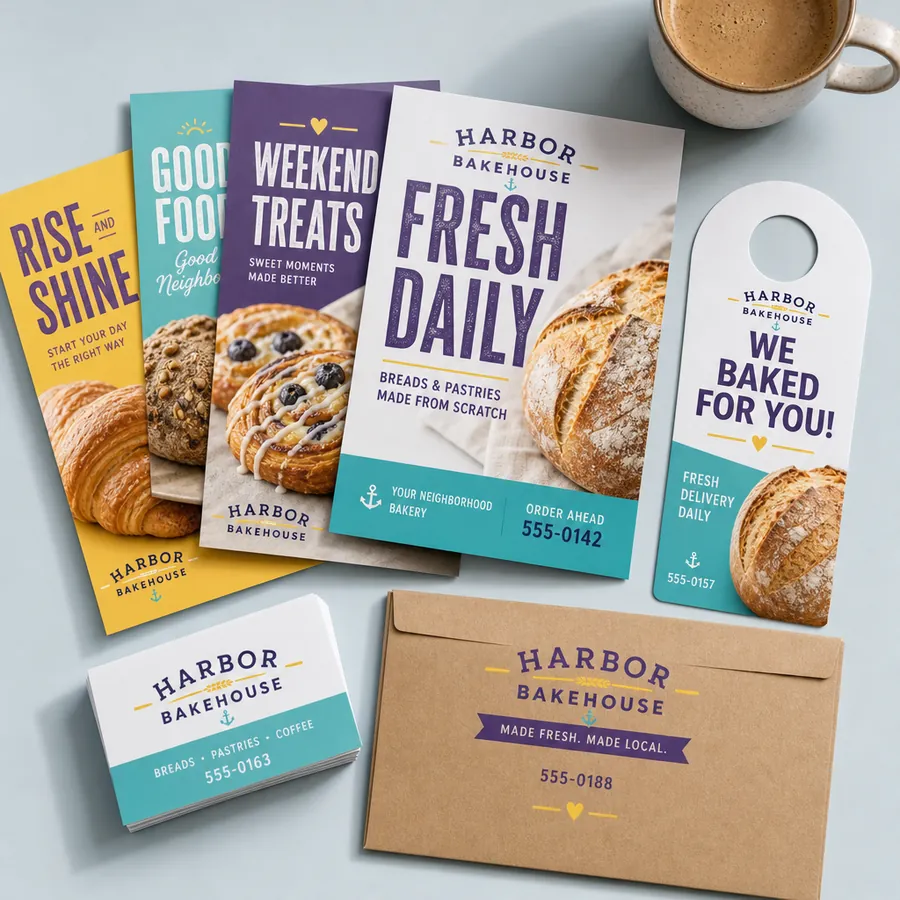 Postcards, a door hanger, business cards and an envelope printed for a neighborhood bakery