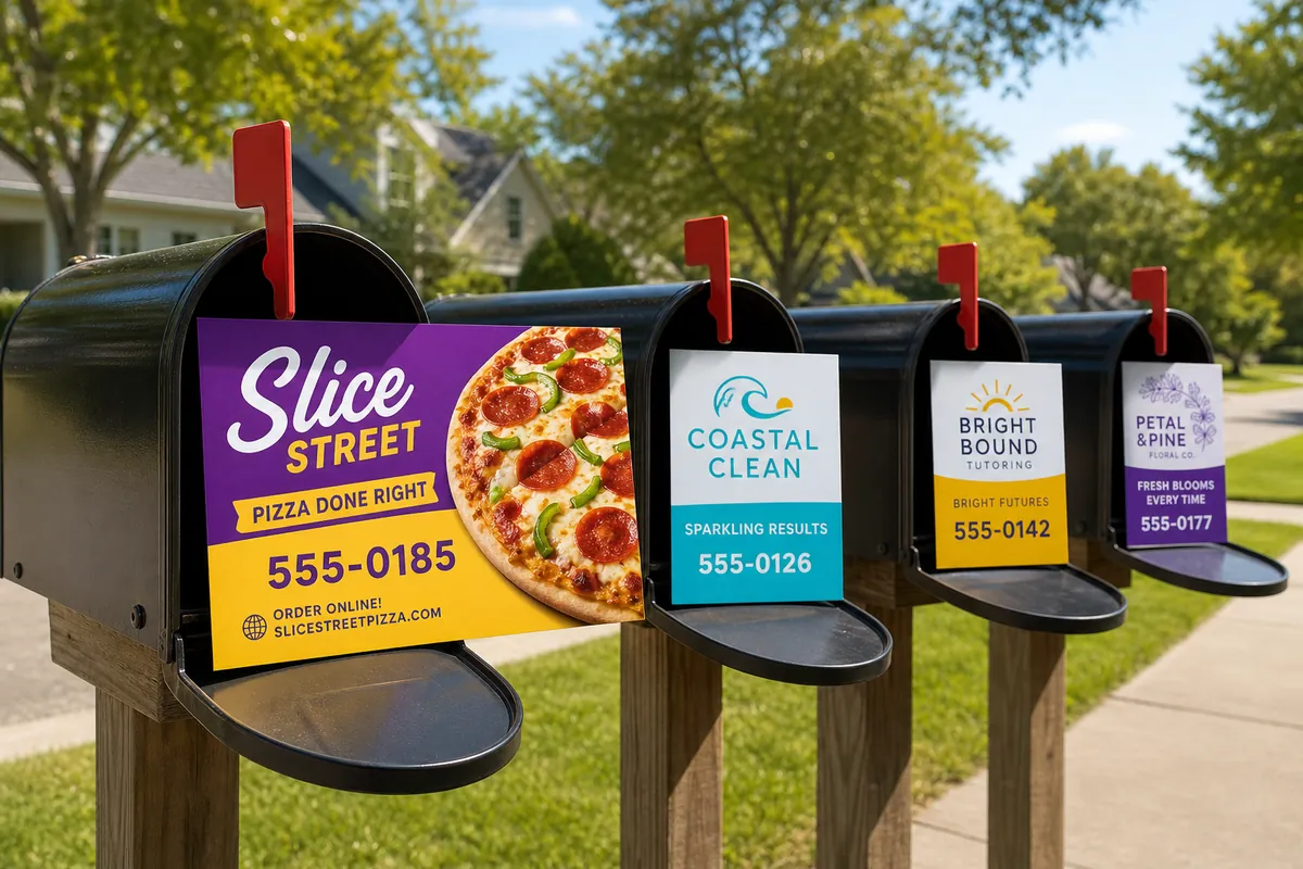 Curbside mailboxes on a suburban street, one holding a colorful postcard