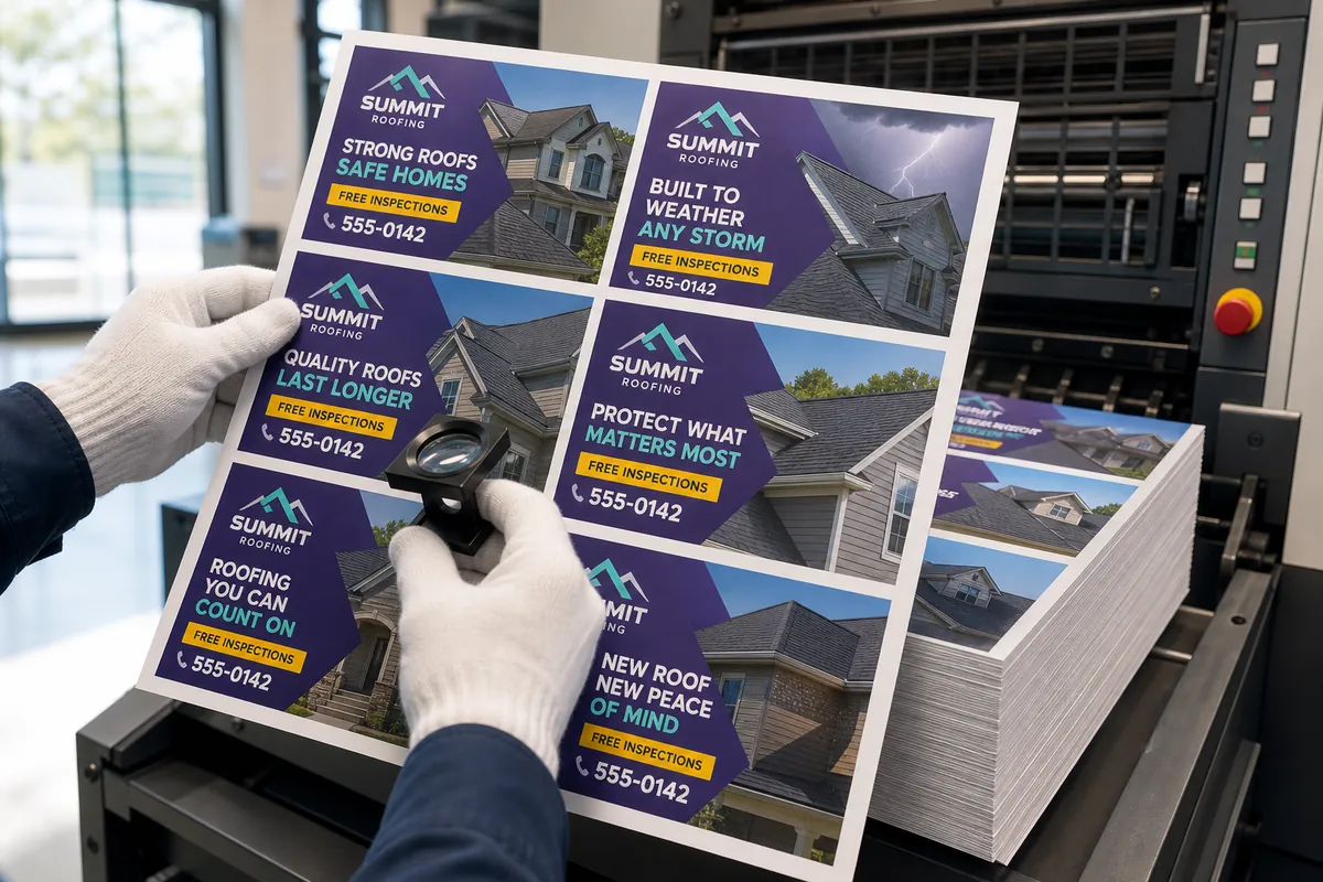 Gloved hands checking a printed sheet of postcards with a loupe at the press